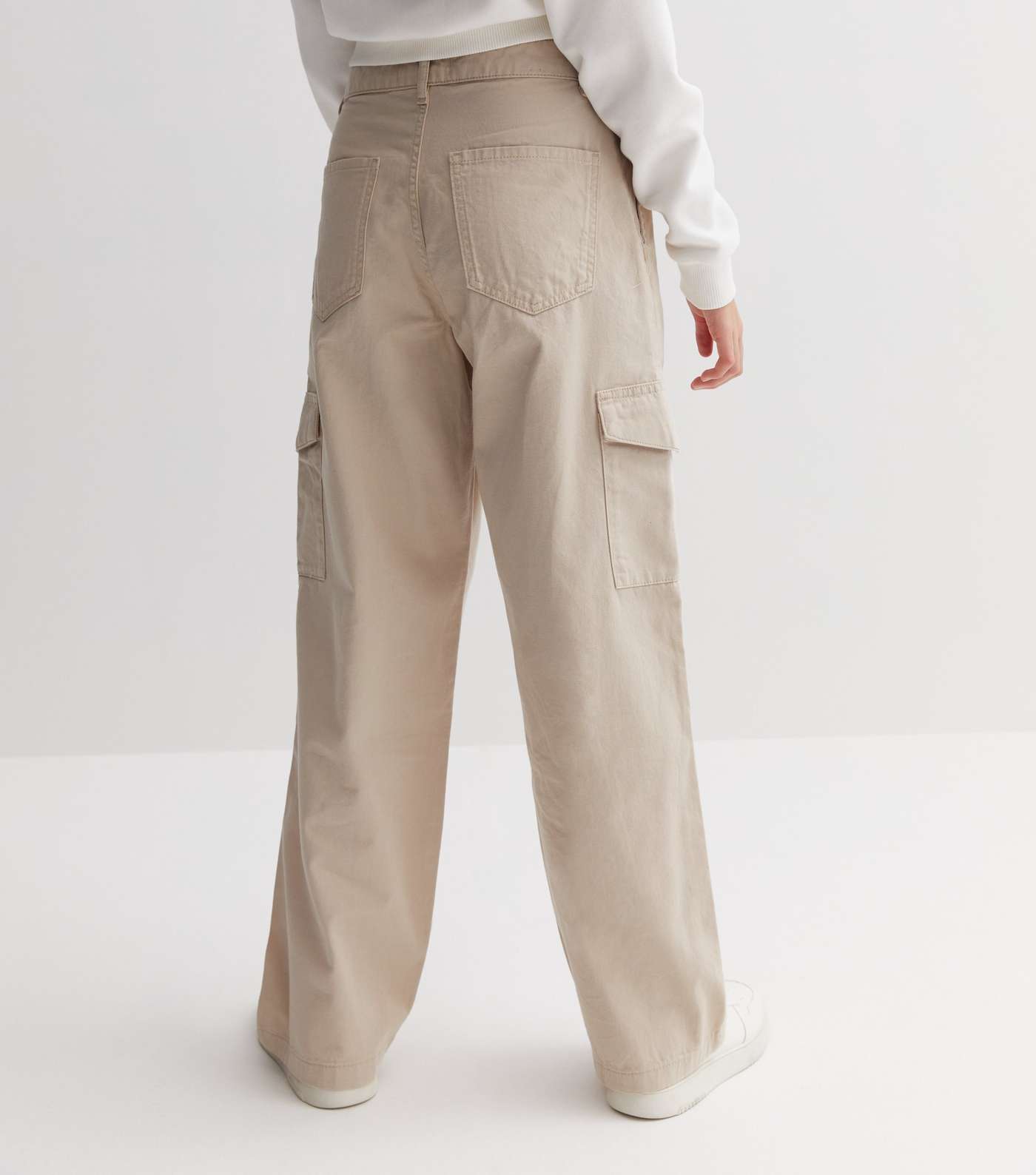 Girls Cream Mid Rise Wide Leg Cargo Trousers Image 4
