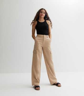Girls Camel Mid Rise Wide Leg Cargo Trousers