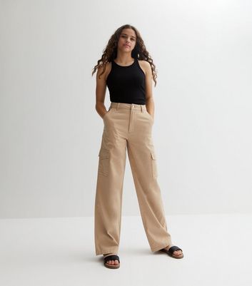 Girls Khaki Cotton Mid Rise Wide Leg Cargo Trousers  New Look