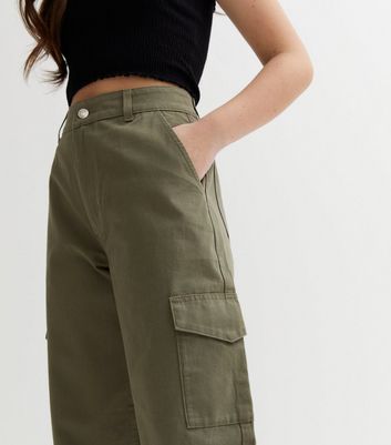 Girls Khaki Cotton Mid Rise Wide Leg Cargo Trousers