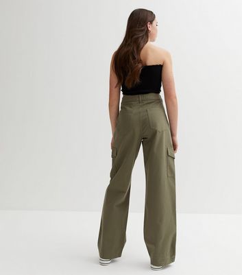 Girls Khaki Cotton Mid Rise Wide Leg Cargo Trousers New Look