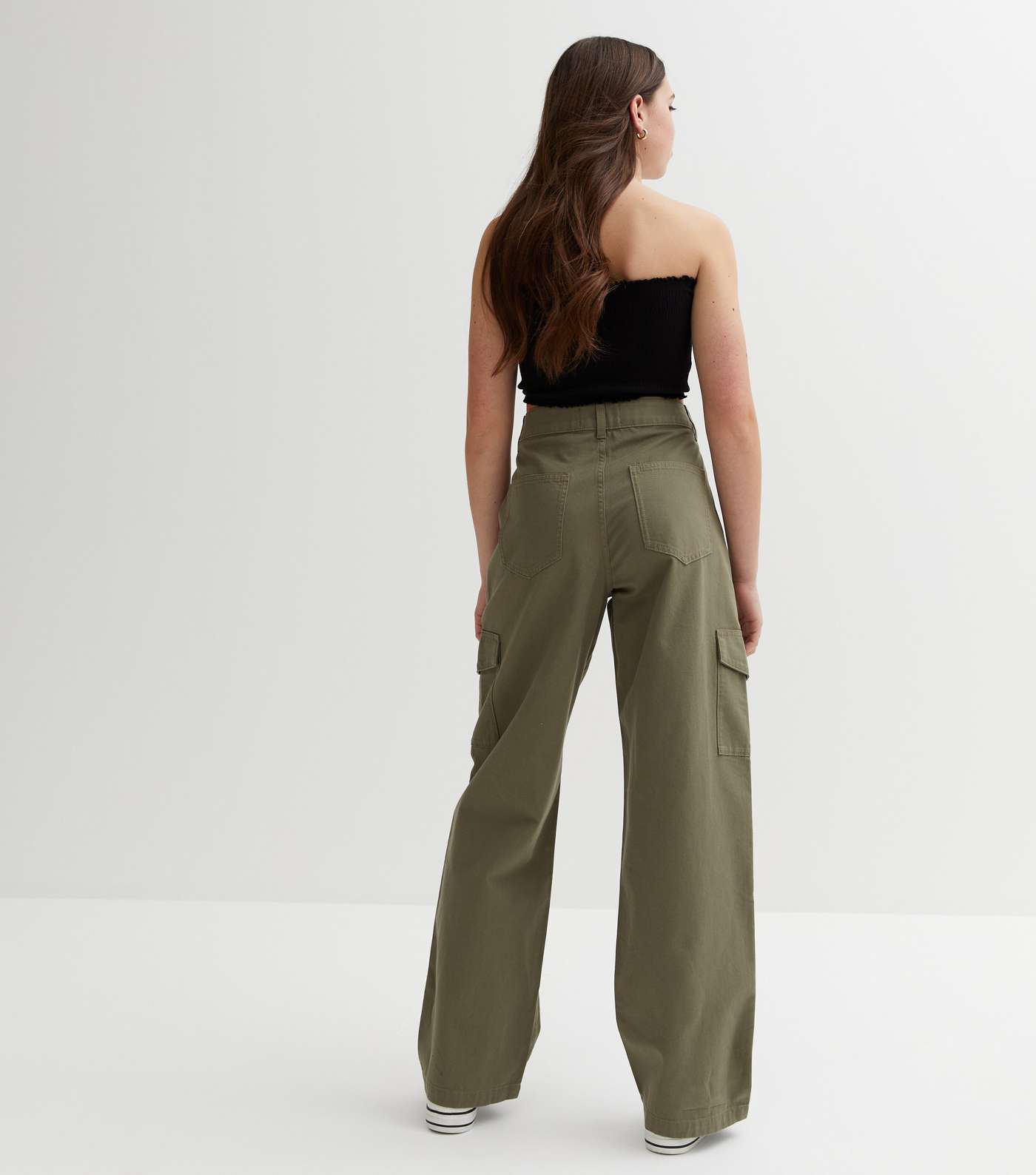 Girls Khaki Cotton Mid Rise Wide Leg Cargo Trousers Image 4