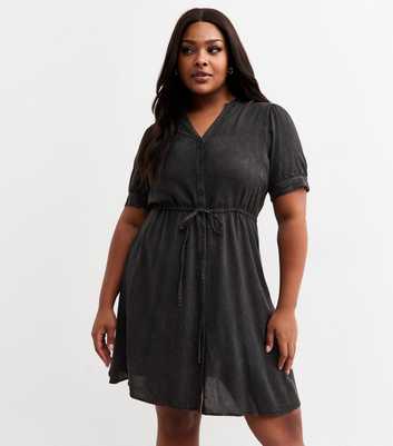 Curves Black Denim V Neck Short Sleeve Front Tie Mini Dress