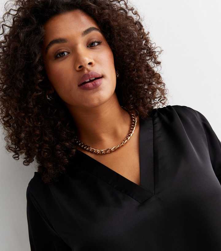 Curves Black Satin V Neck Long Sleeve Smock Blouse