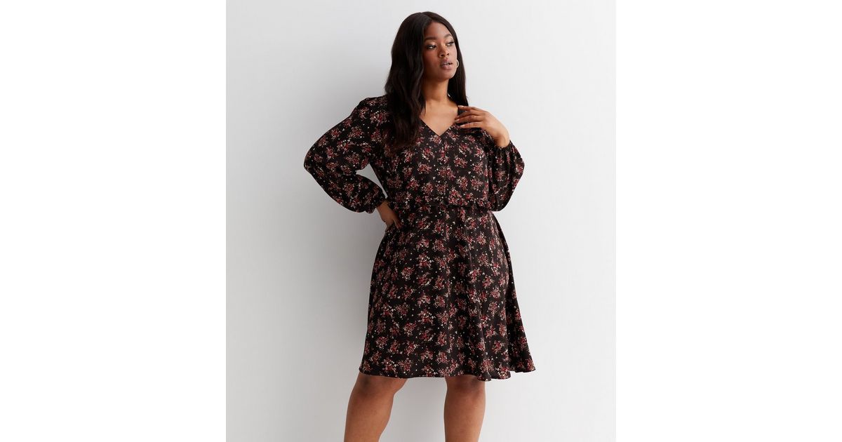 Curves Black Floral Long Puff Sleeve Button Front Mini Dress | New Look