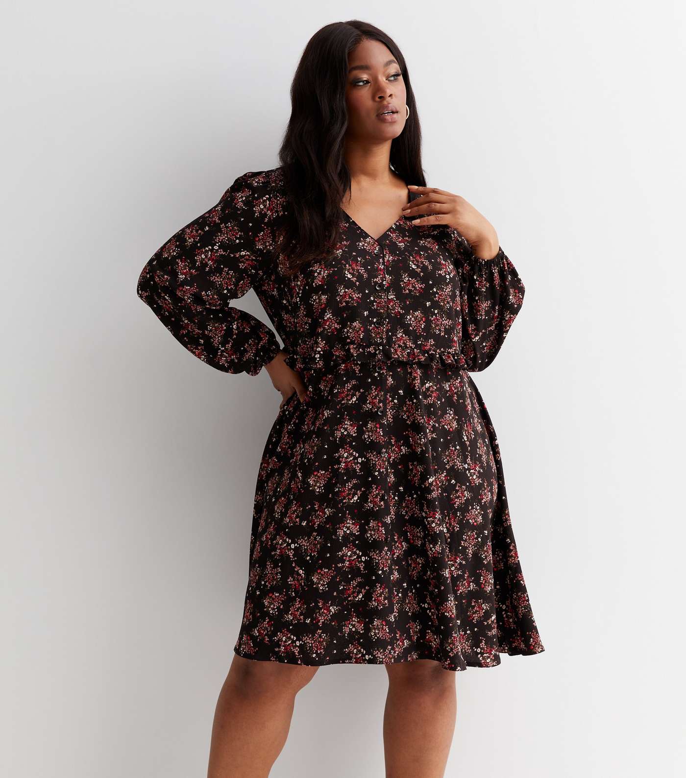 Curves Black Floral Long Puff Sleeve Button Front Mini Dress