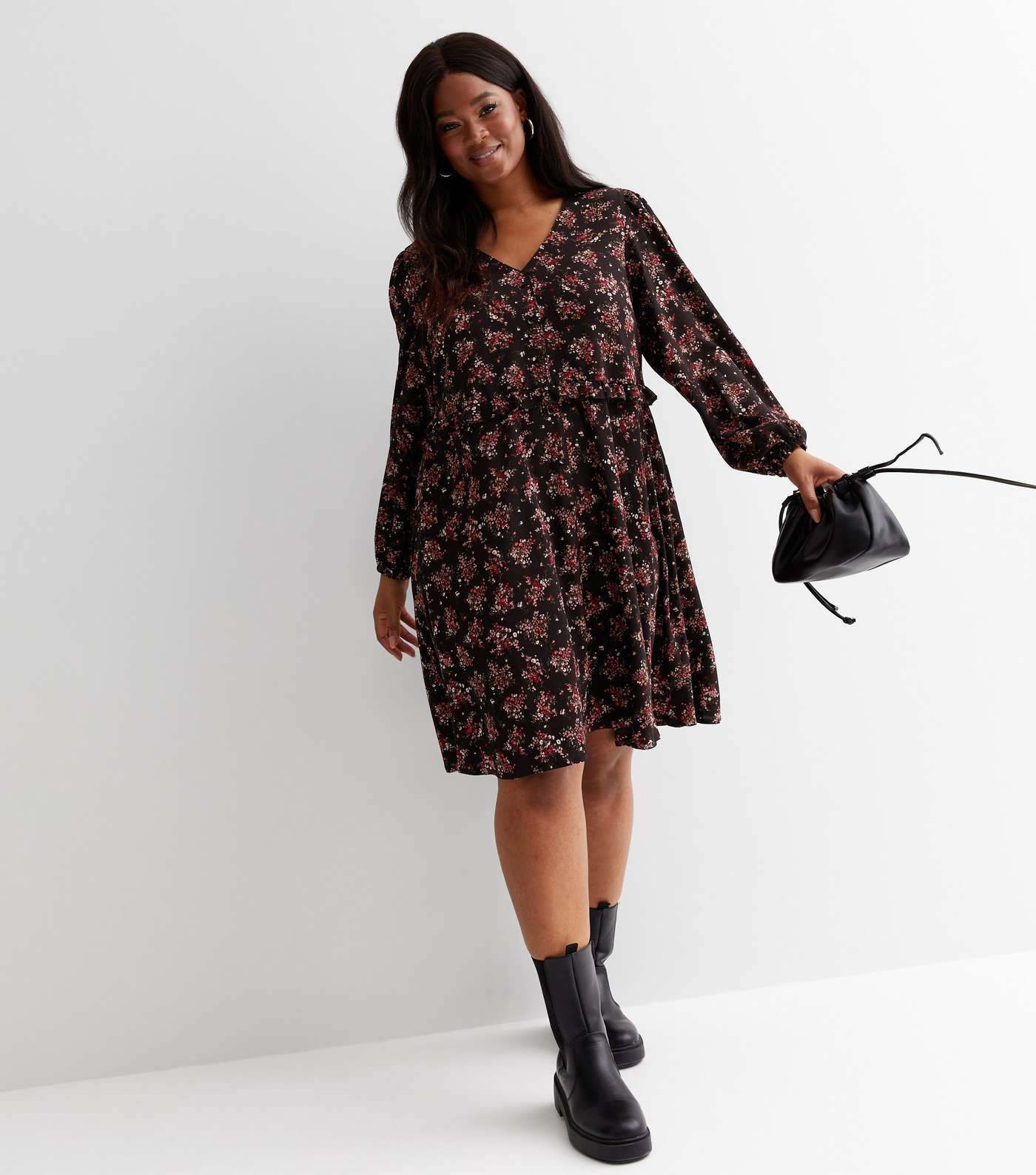 Curves Black Floral Long Puff Sleeve Button Front Mini Dress Image 3