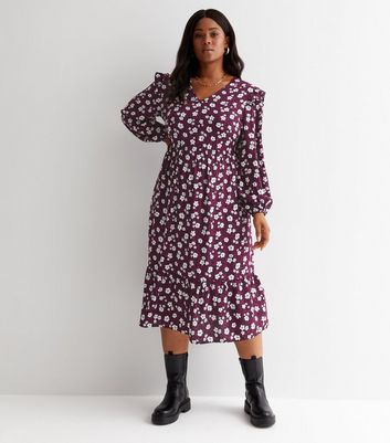 Curves Black Floral V Neck Long Frill Sleeve Smock Midi Dress