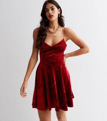 Red Crushed Velvet Strappy Mini Skater Dress | New Look