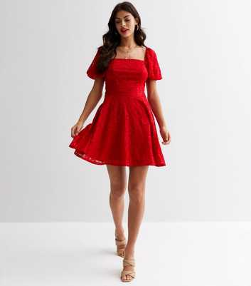 Red Lace Square Neck Puff Sleeve Skater Dress