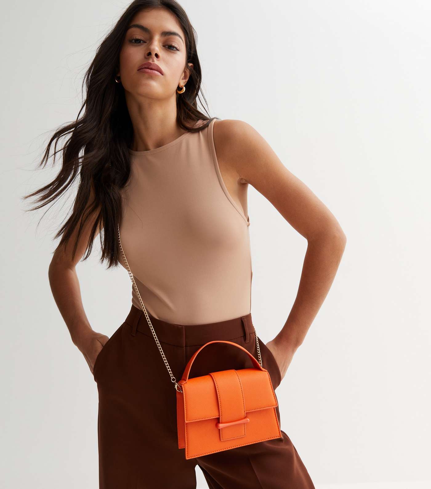 Bright Orange Leather-Look Top Handle Cross Body Bag