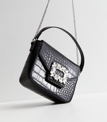 Black Faux Croc Diamant Front Cross Body Bag New Look