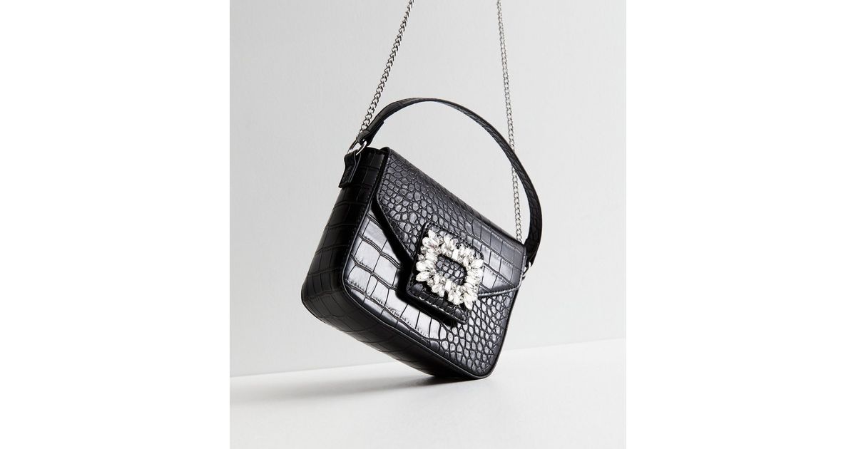 Black Faux Croc Diamanté Front Cross Body Bag New Look