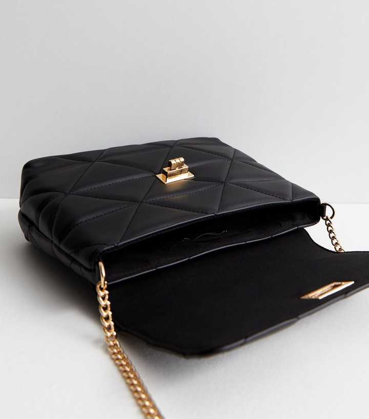 Black Designer Strap Quilted Crossbody Faux Leather Bag