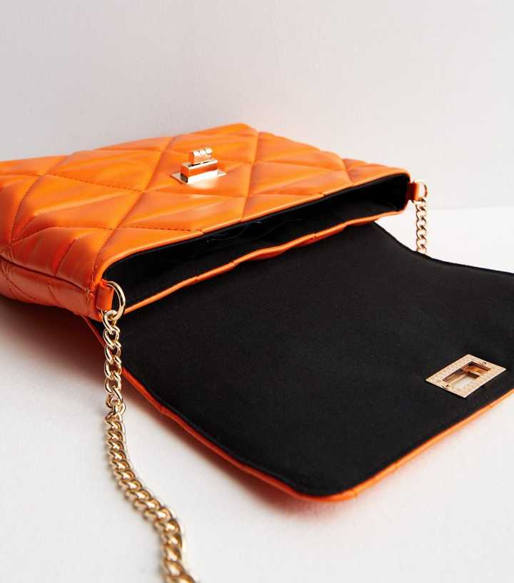 Bright Orange Leather-Look Quilted Chain Strap Cross Body Bag