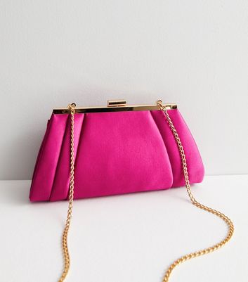 Bright Pink Satin Chain Strap Clutch Bag