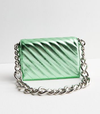 Mint Green Metallic Quilted Chain Shoulder Bag