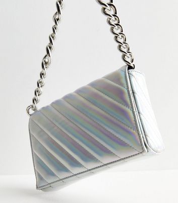 Silver Metallic Quilted Chain Shoulder Bag New Look