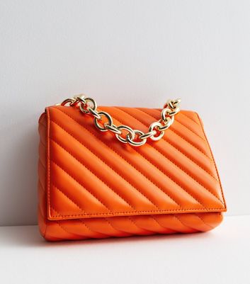 Bright Orange Diagonal Quilted Cross Body Bag