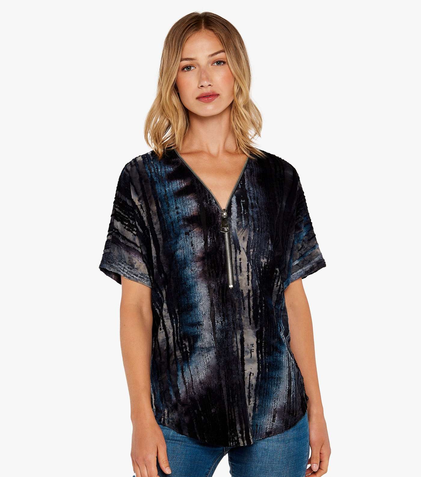 Apricot Blue Abstract Velvet Short Sleeve Zip Front Top Image 2