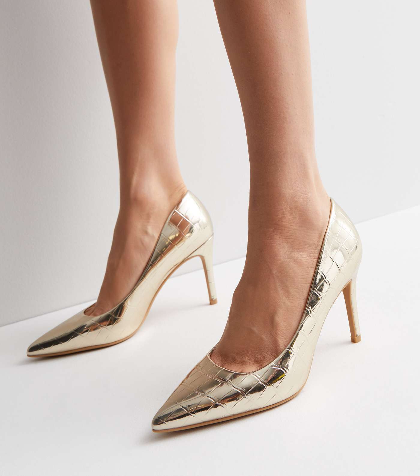 Gold Metallic Faux Croc Stiletto Heel Court Shoes Image 2