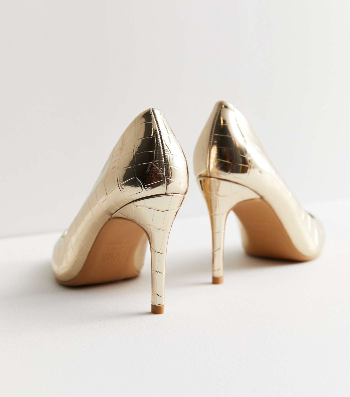 Gold Metallic Faux Croc Stiletto Heel Court Shoes Image 4