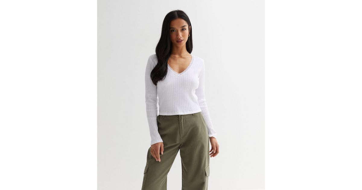 White Ribbed Jersey Lace Trim V Neck Top | New Look