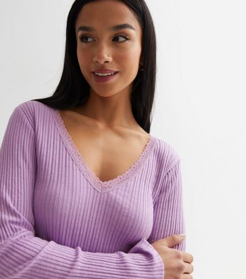 Lilac Ribbed Jersey Lace Trim V Neck Top | New Look