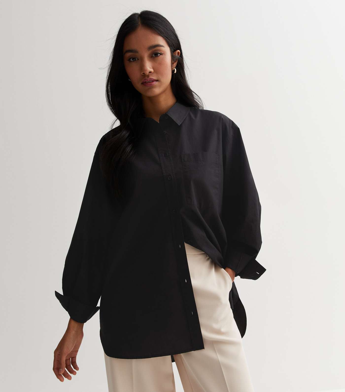 Black Poplin Long Sleeve Oversized Shirt