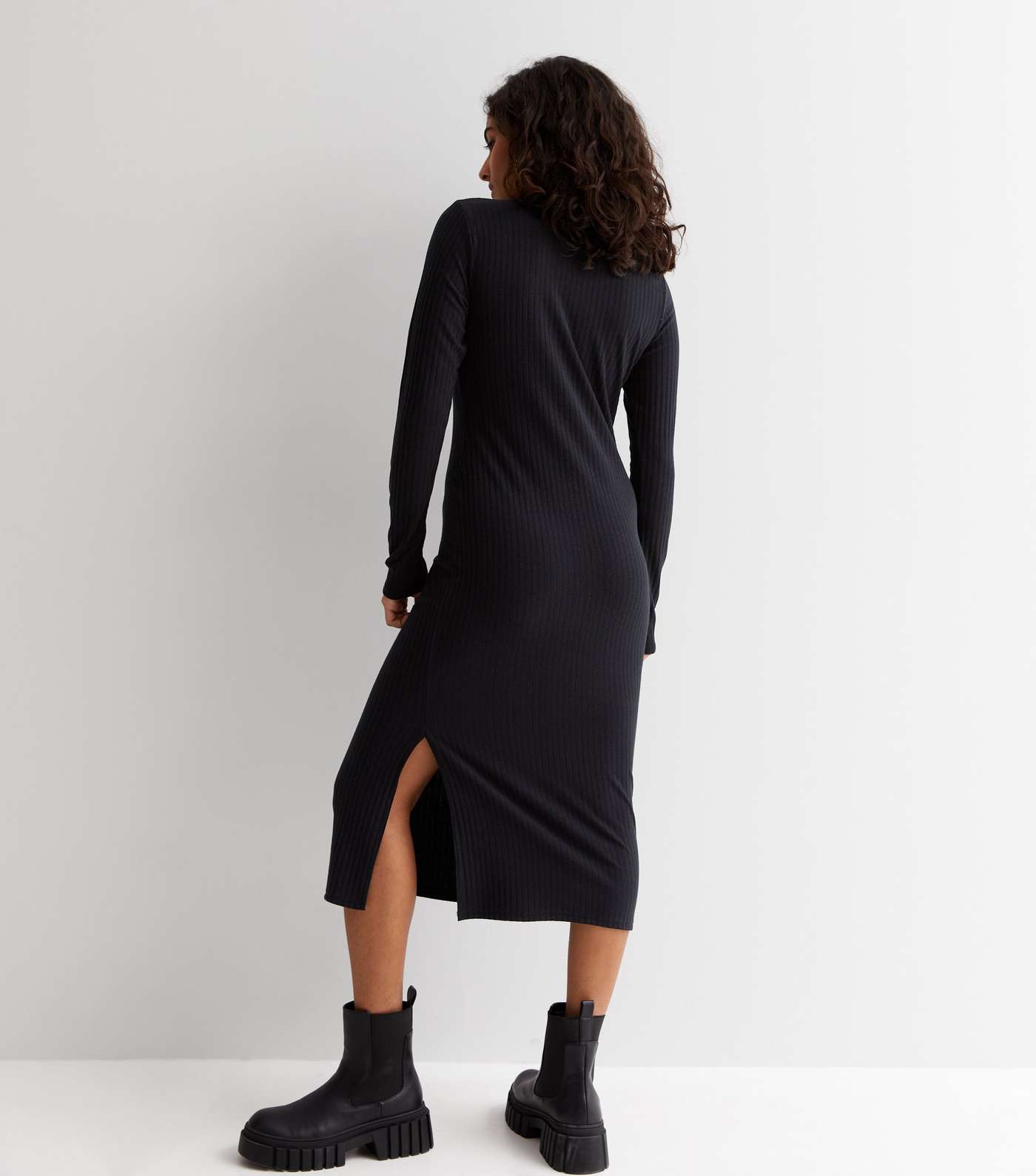 Petite Black Ribbed High Neck Split Hem Midi Dress Image 4