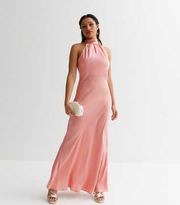 Petite Pink Satin Ruched Halter Maxi Dress