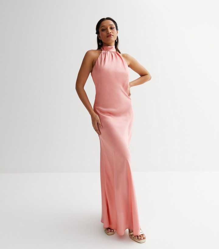 Petite Pink Satin Ruched Halter Maxi Dress