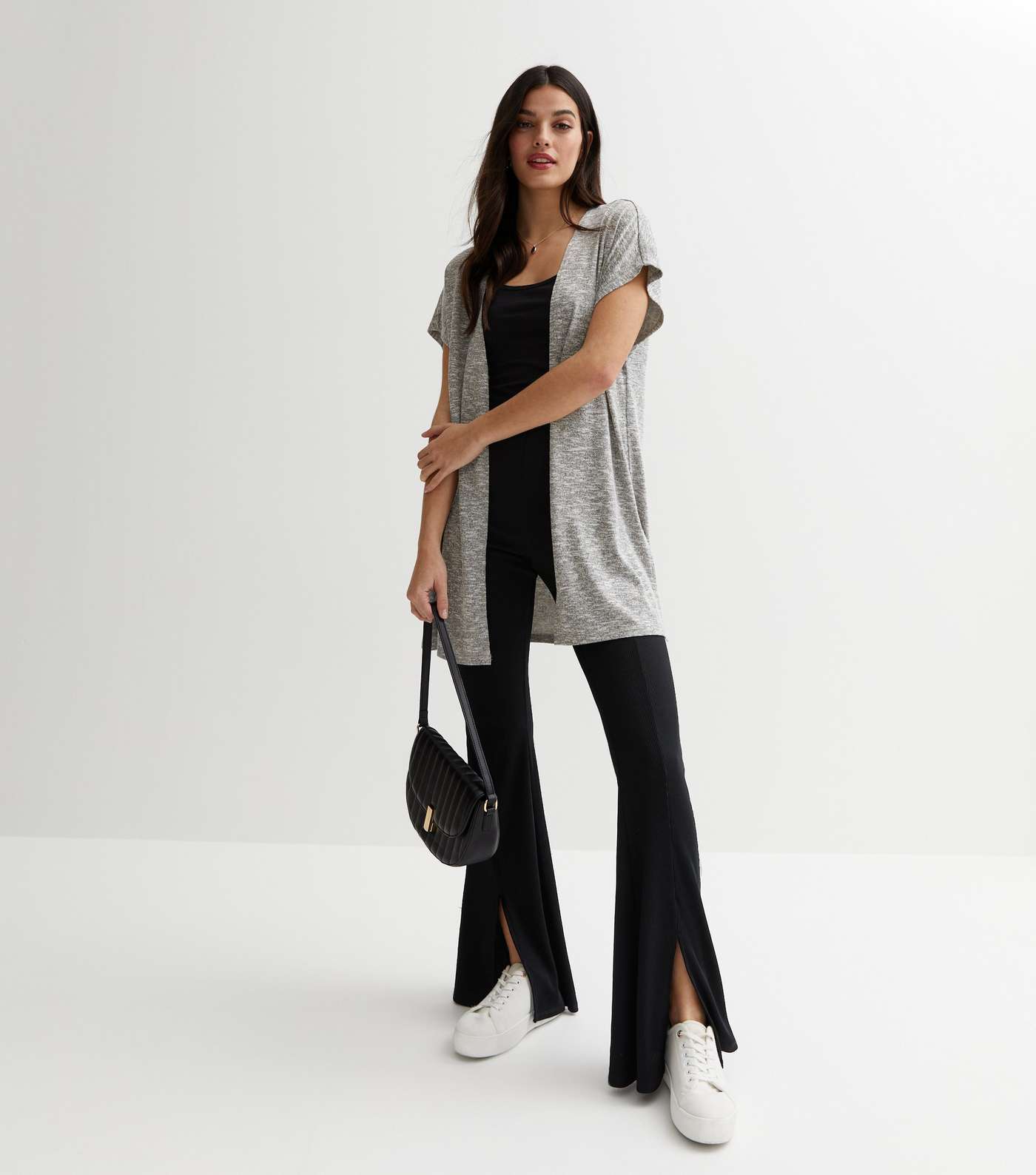 Pale Grey Fine Knit Short Sleeve Long Cardigan Image 3