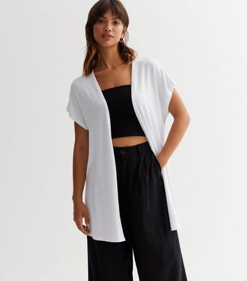 White Fine Knit Short Sleeve Long Cardigan New Look