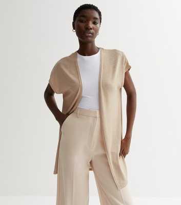Camel Fine Knit Short Sleeve Long Cardigan