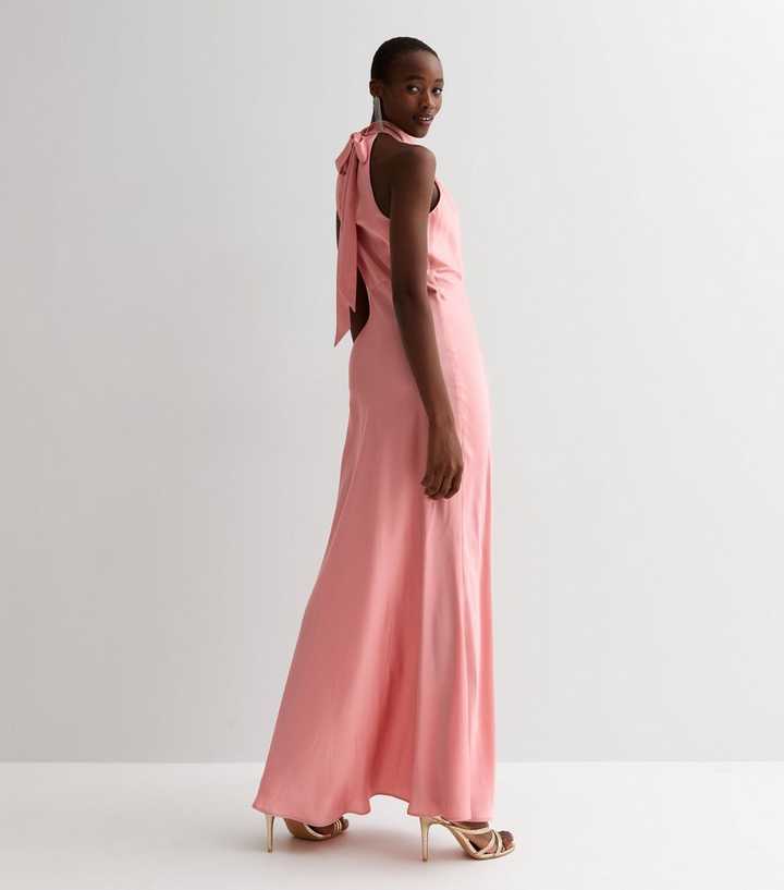 Tall Pink Satin Halter Neck Tie Back Maxi Dress | New Look