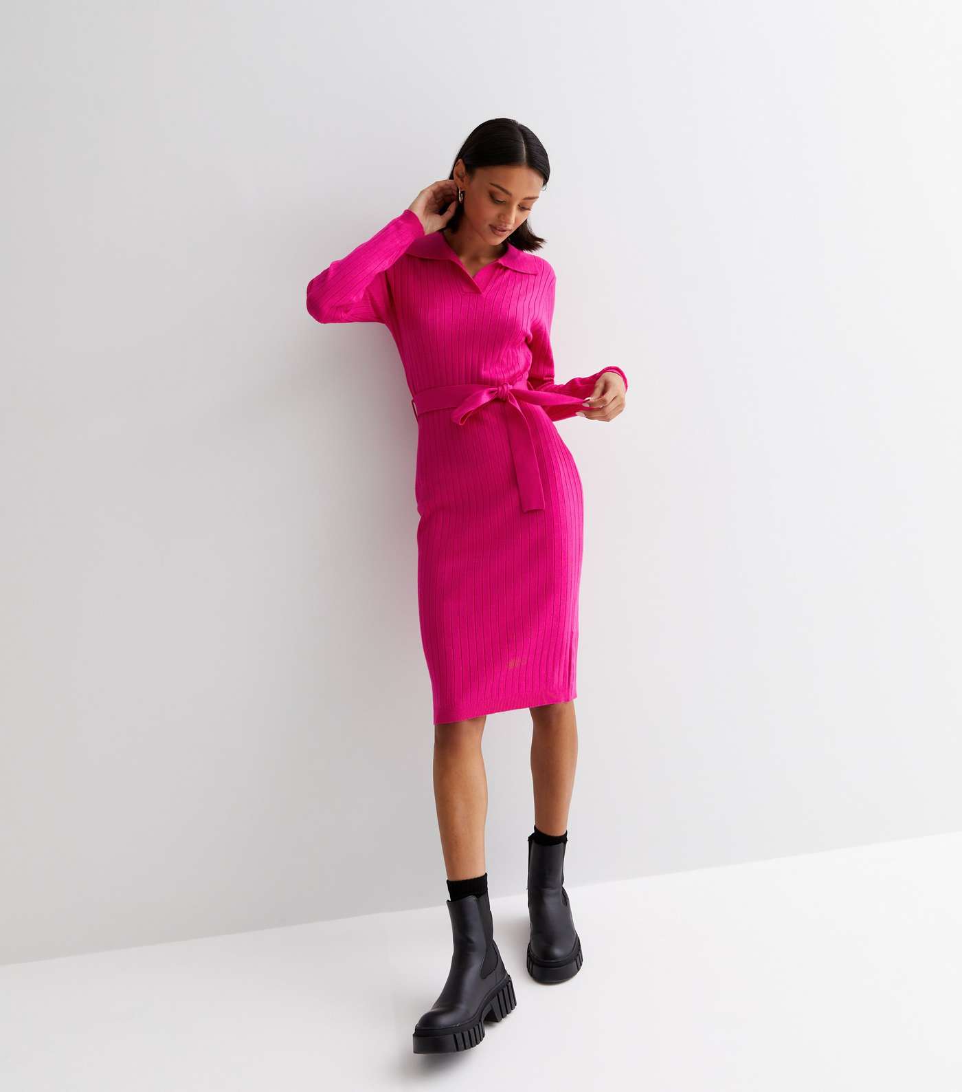 Sunshine Soul Bright Pink Ribbed Knit Belted Midi Polo Dress Image 3