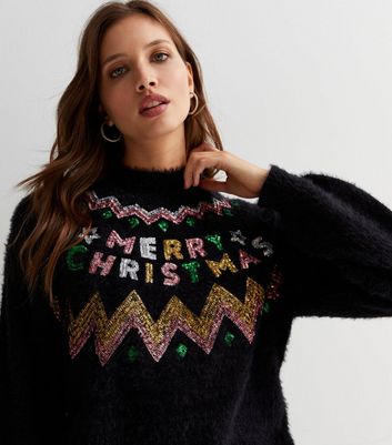 Sunshine Soul Black Fluffy Knit Sequin Embellished Merry Christmas Jumper