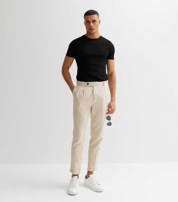 Cream Linen Blend Double Pleated Slim Fit Trousers