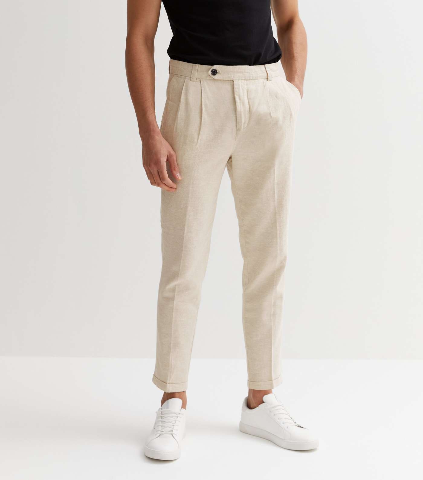 Cream Linen Blend Double Pleated Slim Fit Trousers Image 2