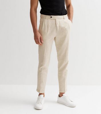 Mens Beige Linen High Waisted Trousers  40 Colori