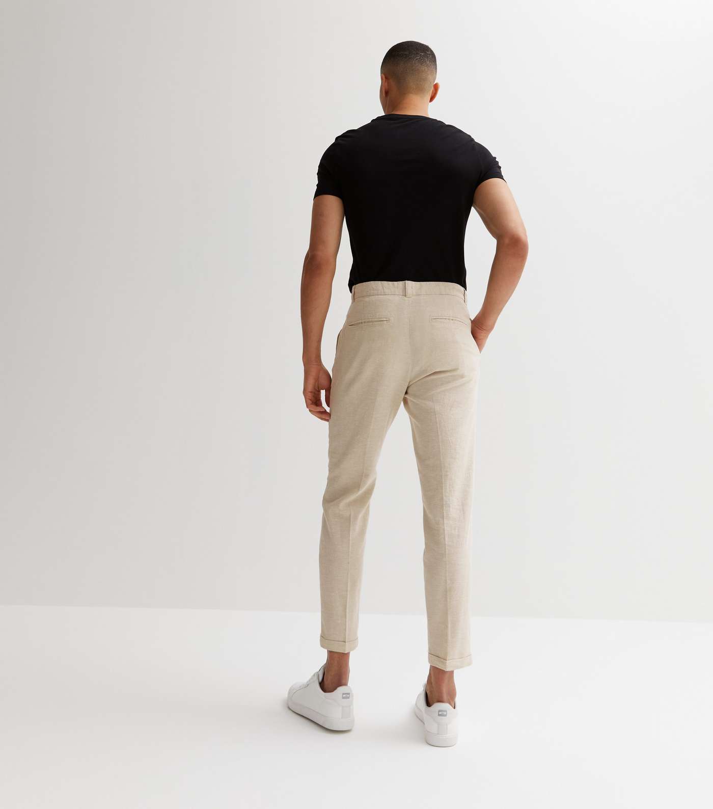 Cream Linen Blend Double Pleated Slim Fit Trousers Image 4