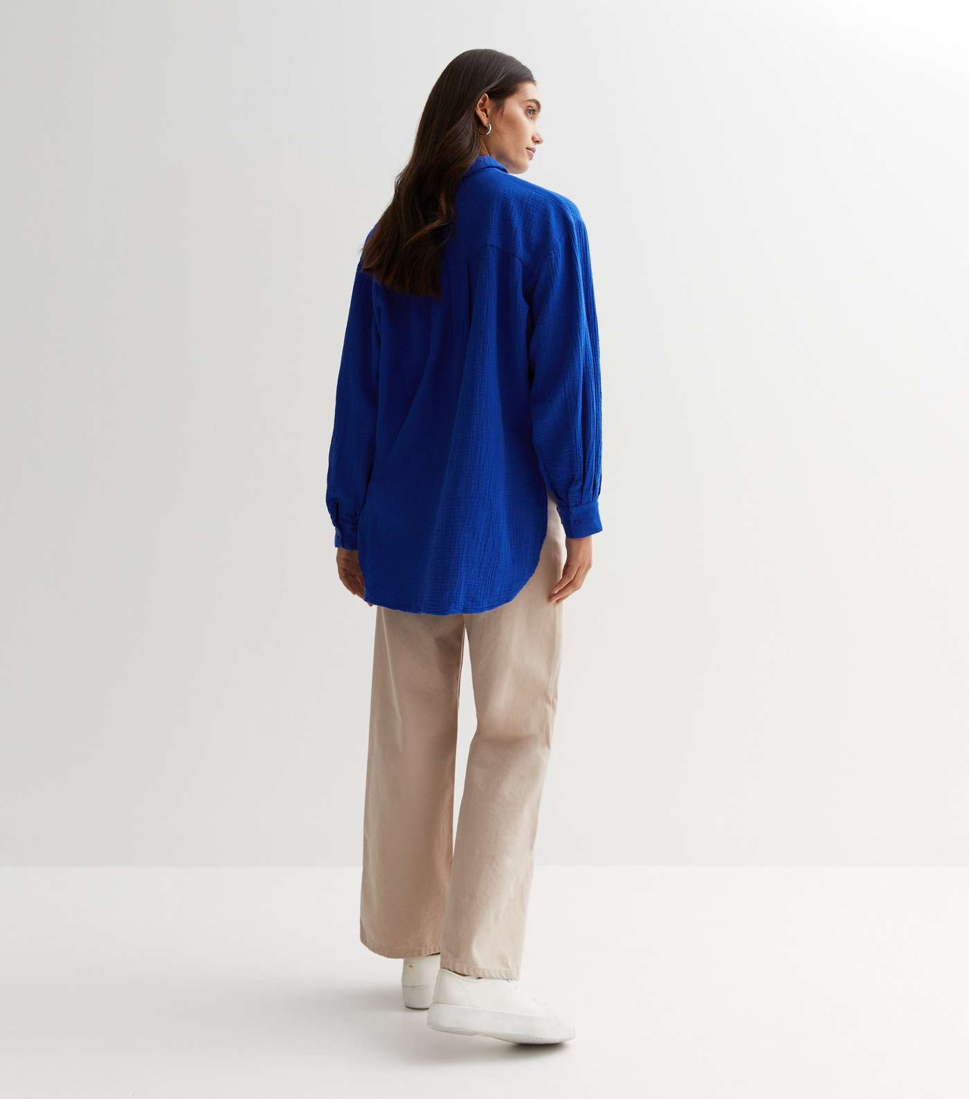 Bright Blue Cheesecloth Dip Hem Oversized Shirt Image 4