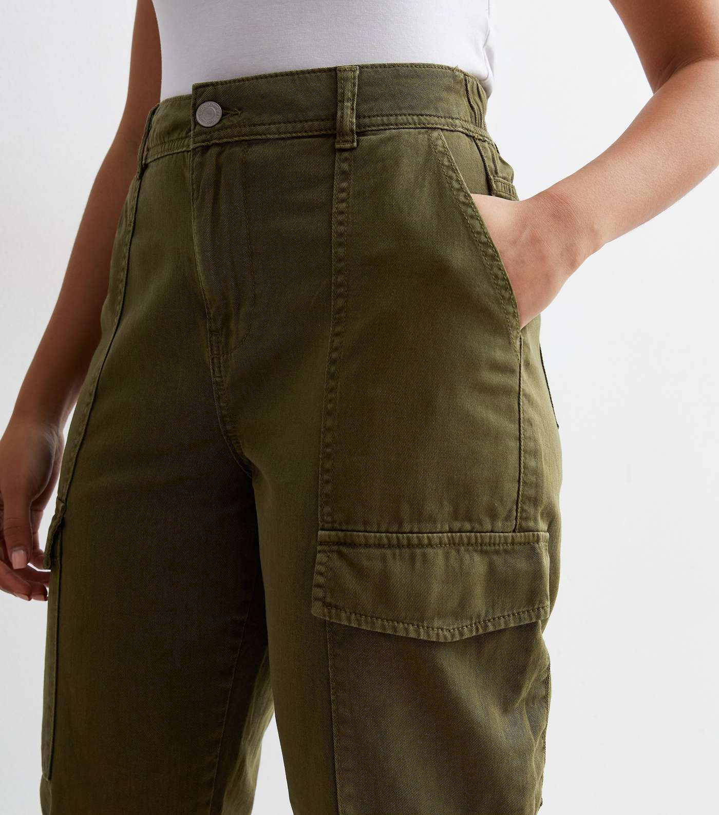 Petite Khaki Cotton High Waist Cuffed Cargo Trousers Image 2