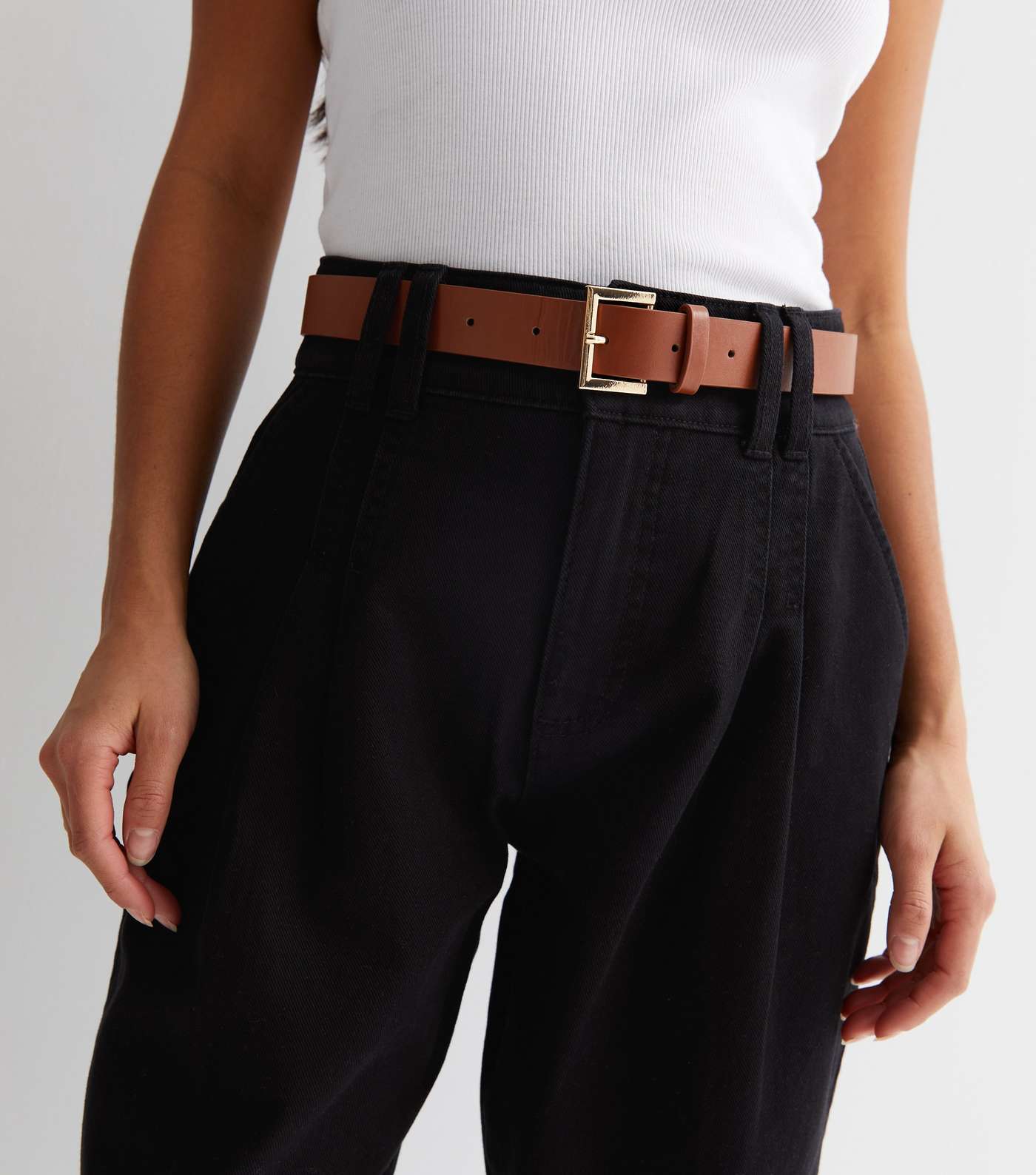 Petite Black Cotton Denim Belted Crop Trousers Image 3