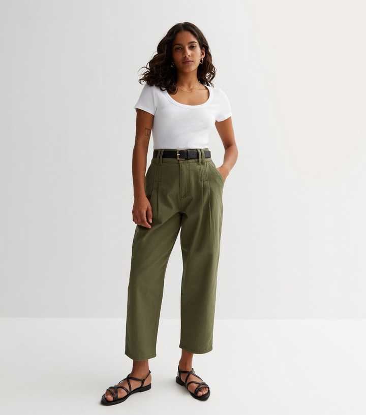 Petite Khaki Cotton Belted Crop Trousers