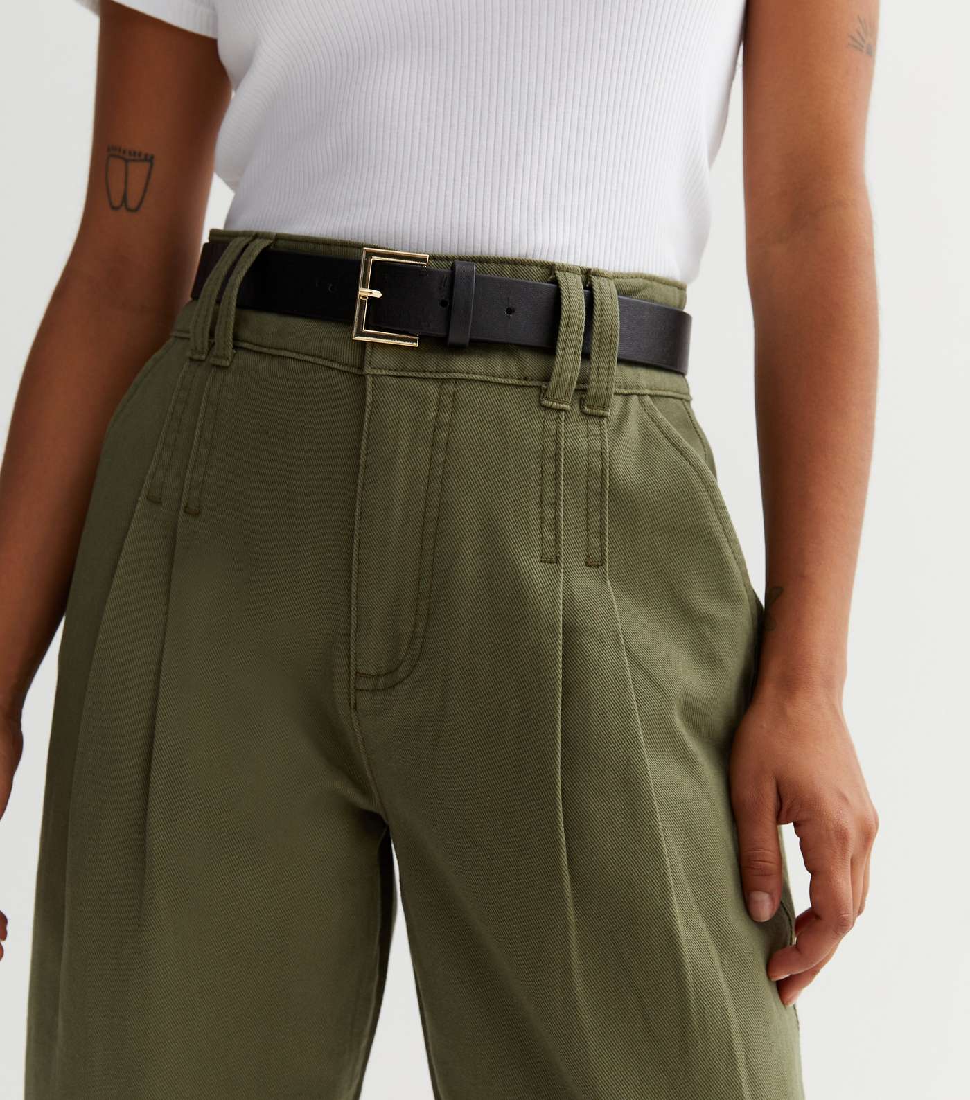 Petite Khaki Cotton Belted Crop Trousers Image 2