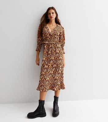 Brown Leopard Print V Neck Shirred Waist Midi Dress