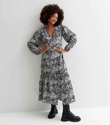 Influence Black Paisley V Neck Long Puff Sleeve Midi Smock Dress