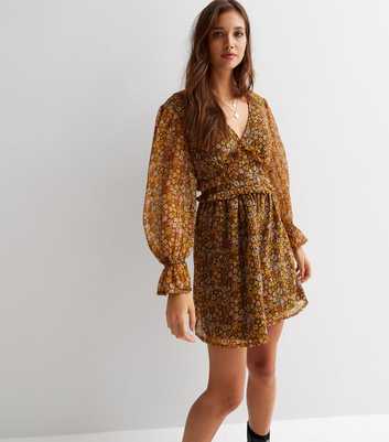 Influence Brown Floral Ruffle V Neck Long Puff Sleeve Mini Dress